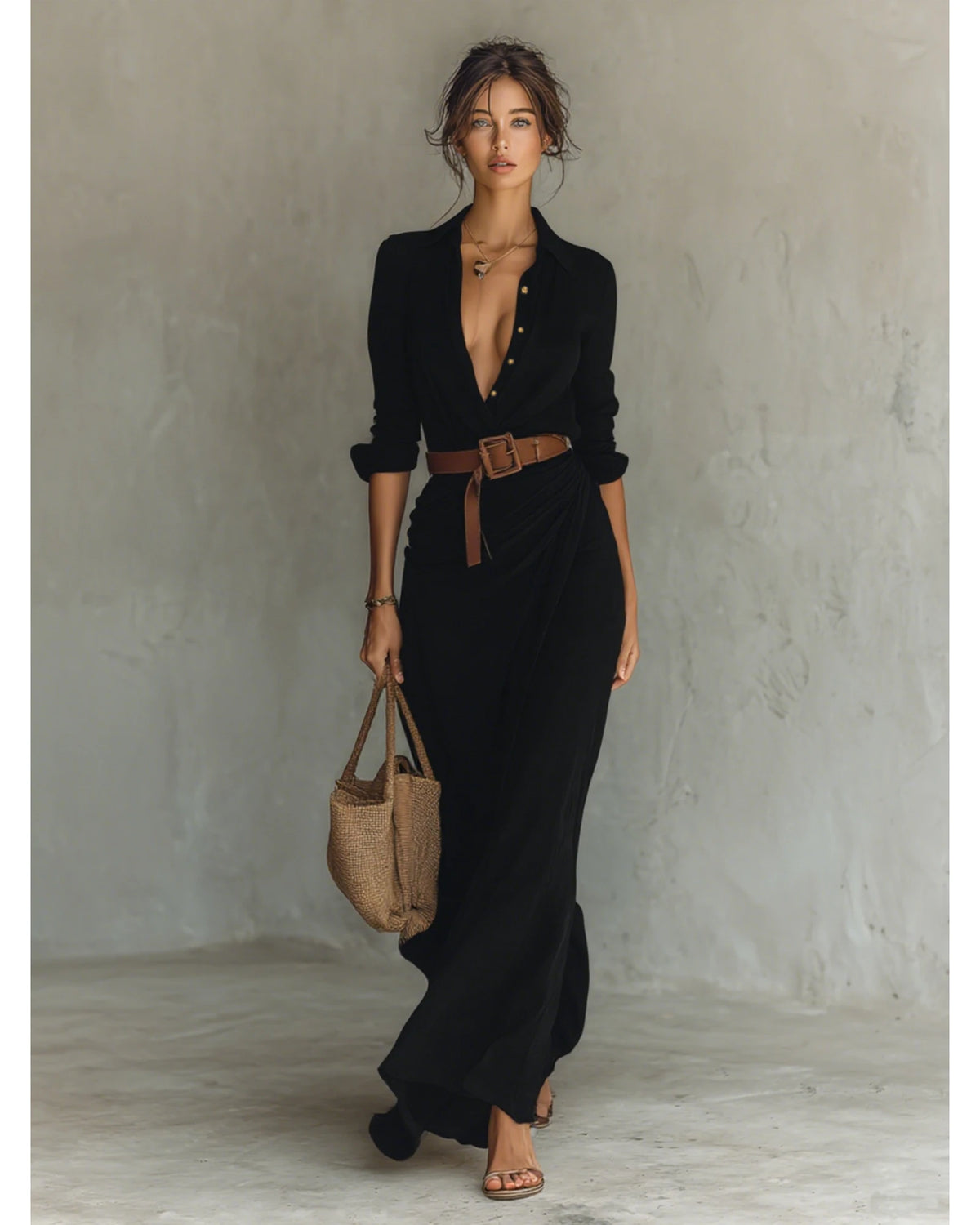 Lifestyle Vestido largo fluido con cuello vuelto