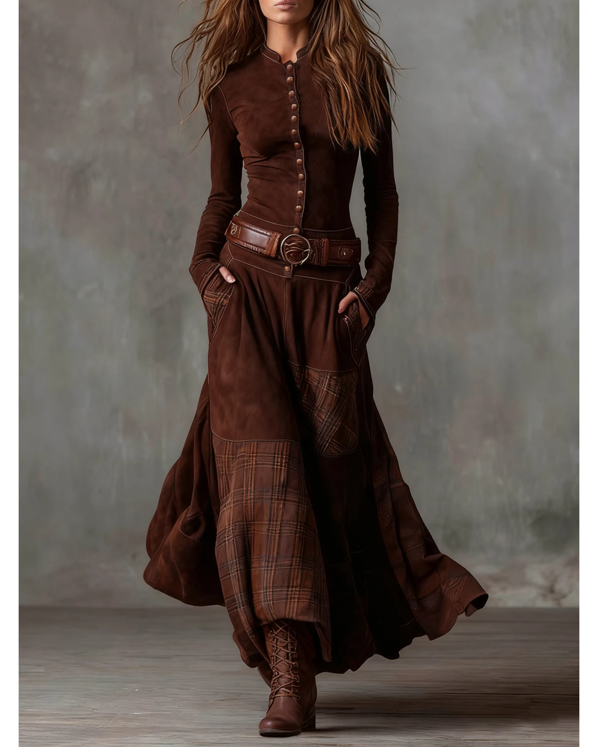Lifestyle Vestido largo efecto ante con cinturón