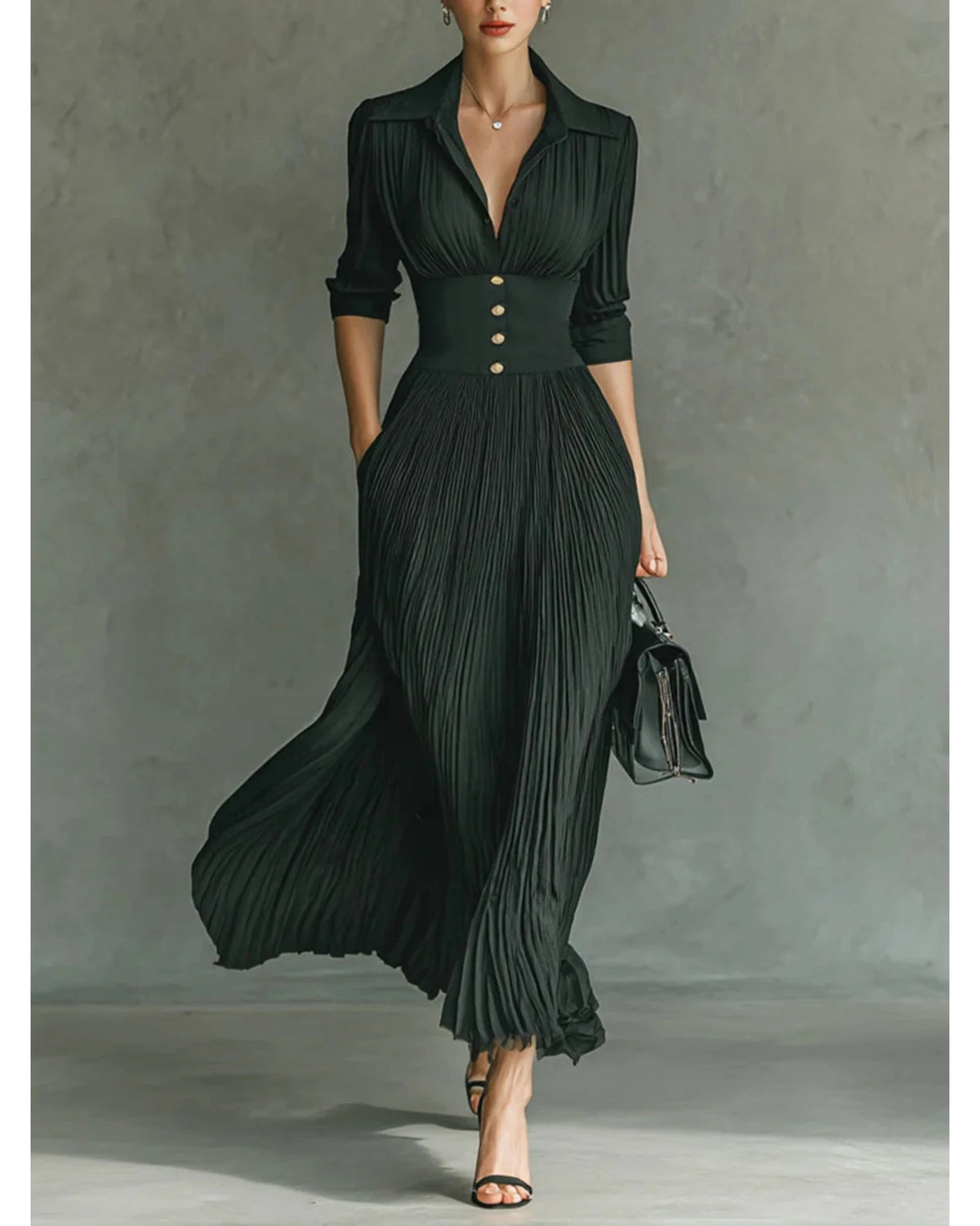 Lifestyle Vestido largo plisado con solapa