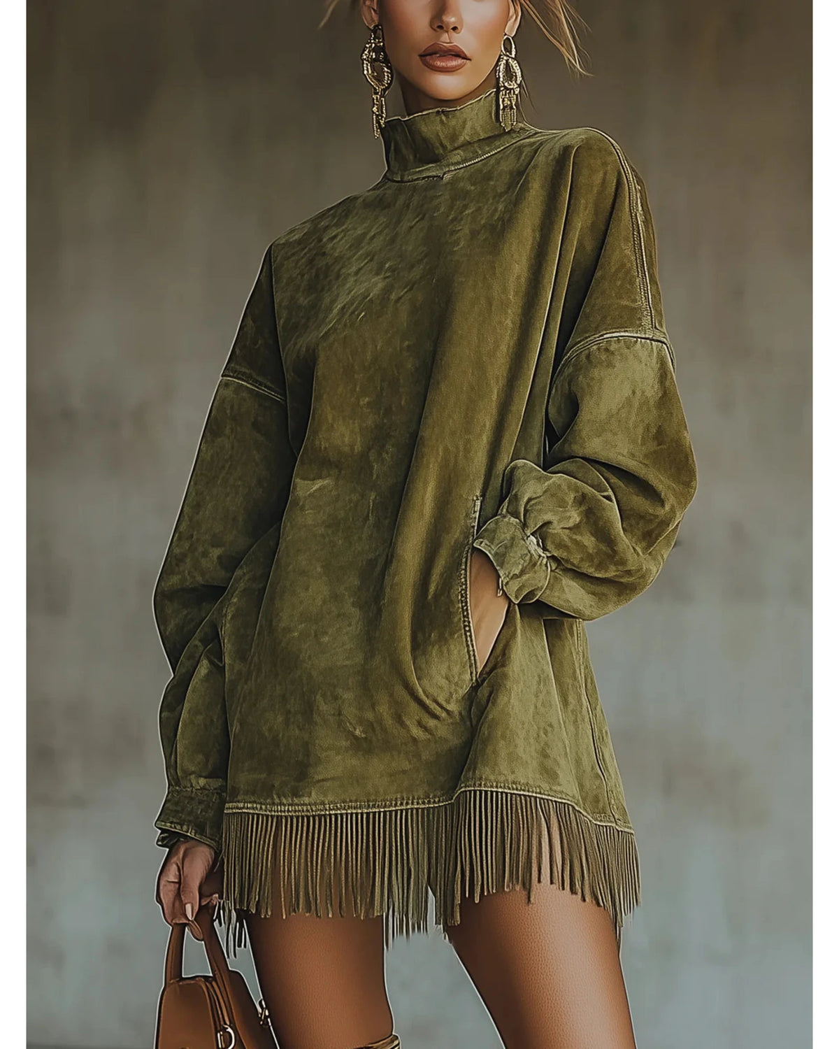 Lifestyle Vestido efecto ante con cuello alto y flecos
