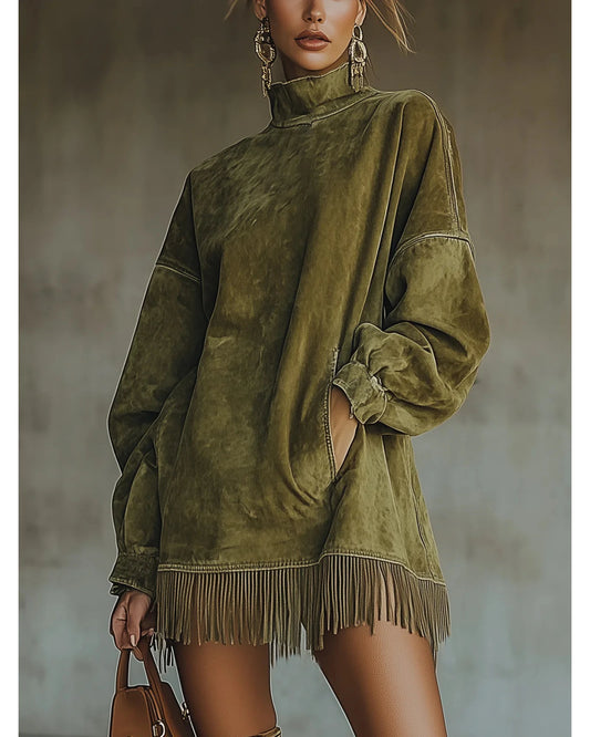 Lifestyle Vestido efecto ante con cuello alto y flecos