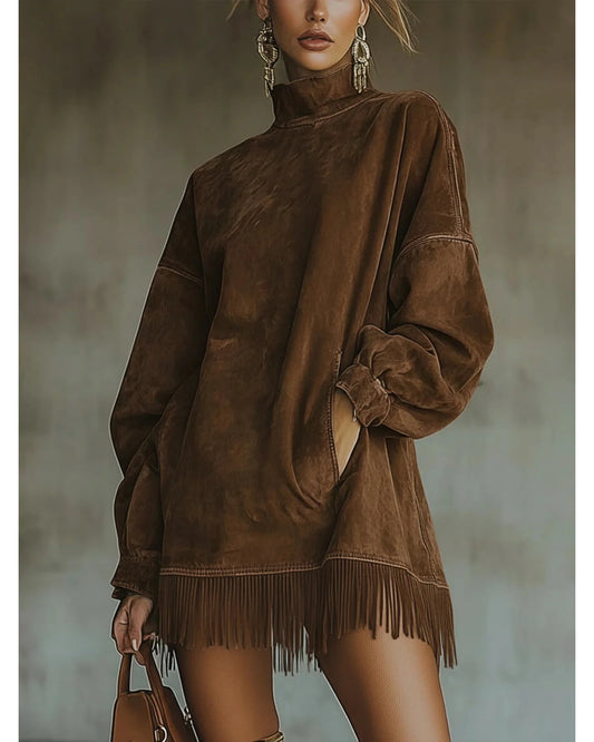 Lifestyle Vestido efecto ante con cuello alto y flecos