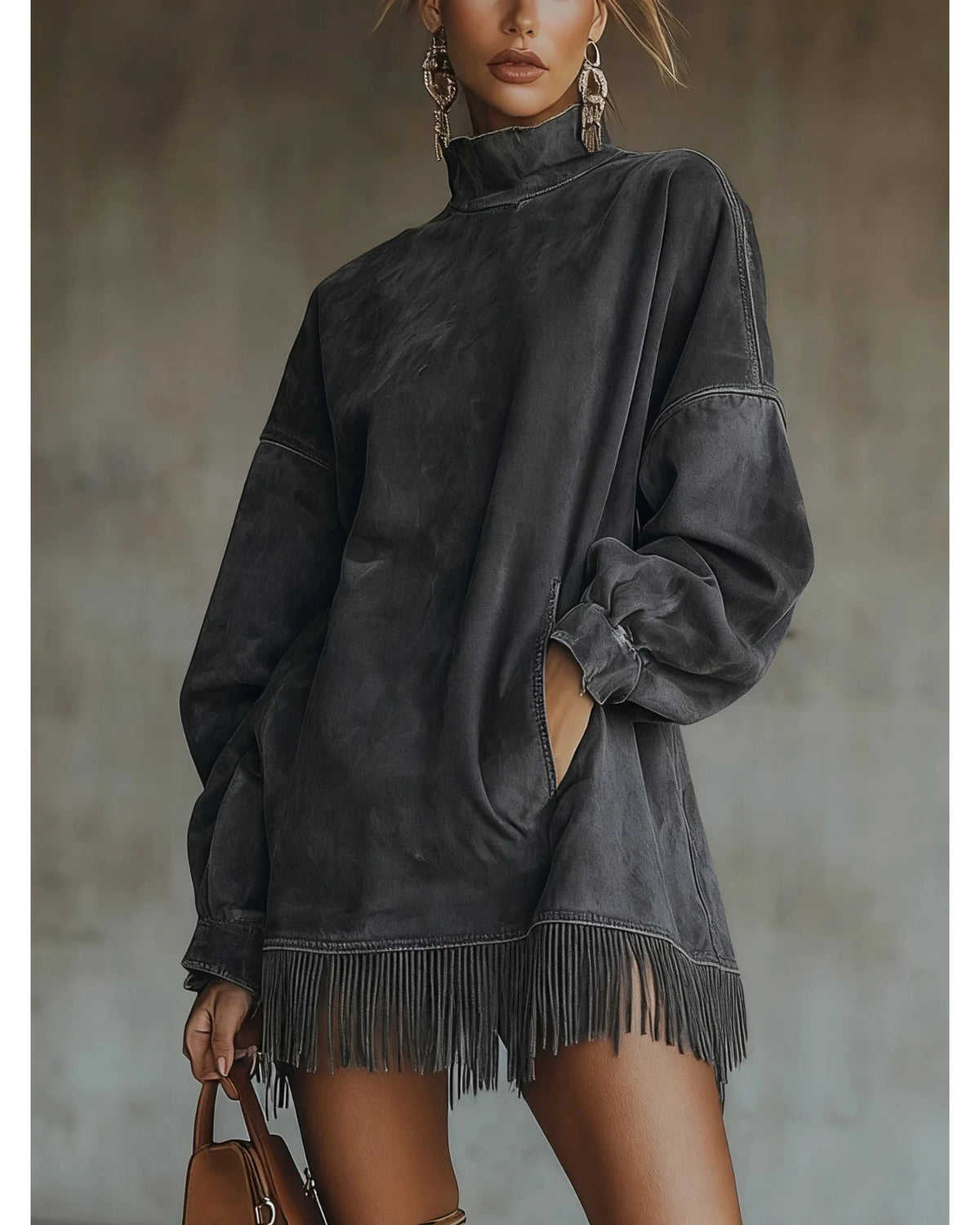Lifestyle Vestido efecto ante con cuello alto y flecos