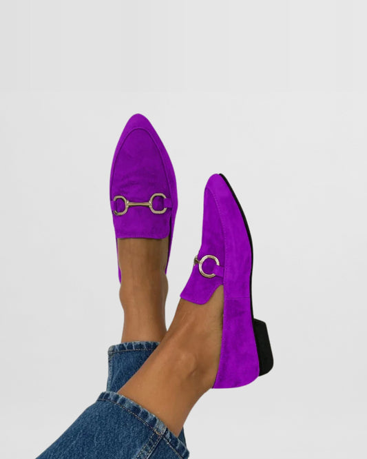 Calzado Mocasín violeta y verde