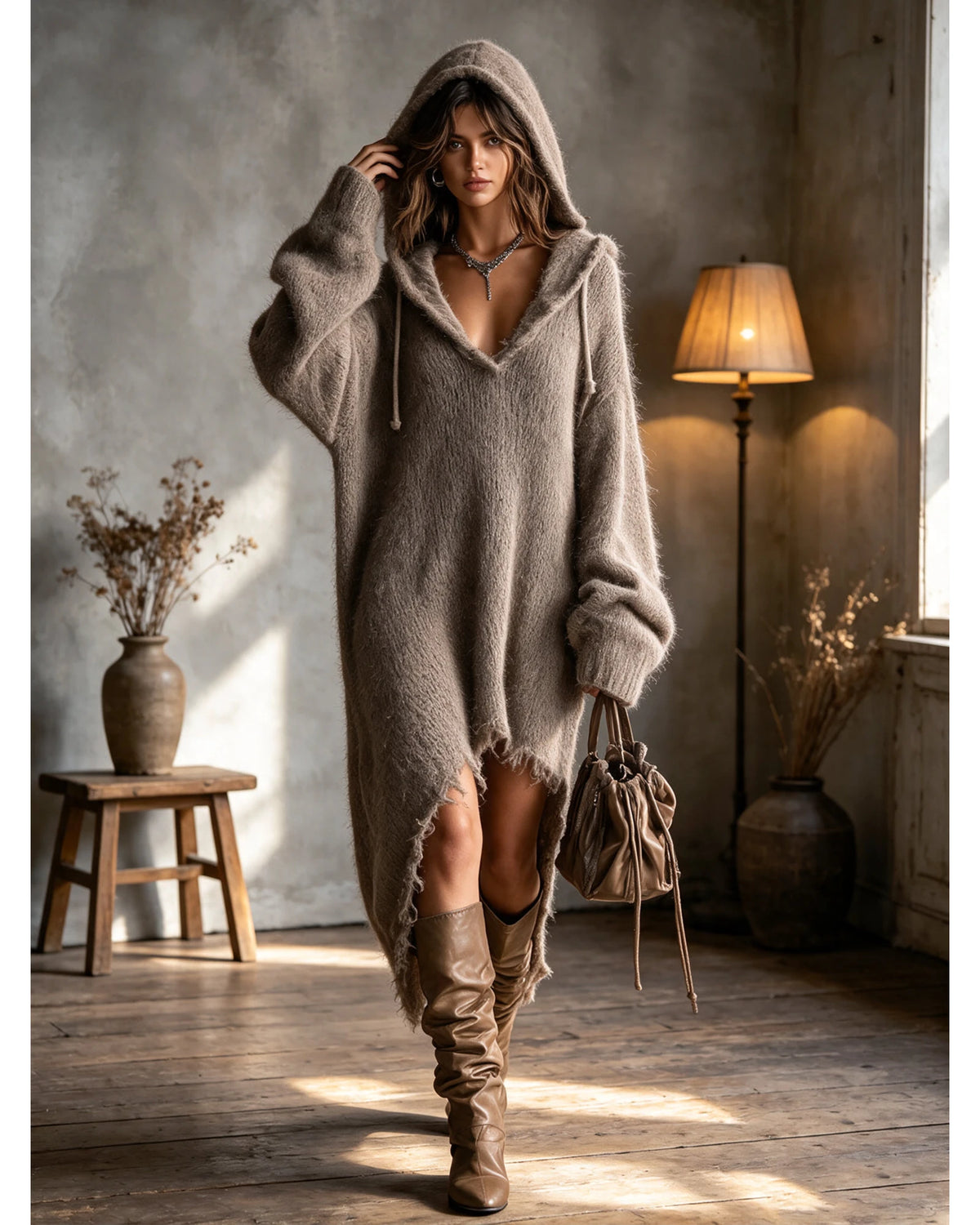 Lifestyle Vestido midi de punto con capucha