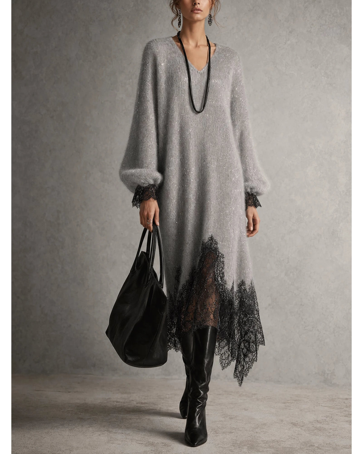 Lifestyle Vestido midi de punto con bajo de encaje