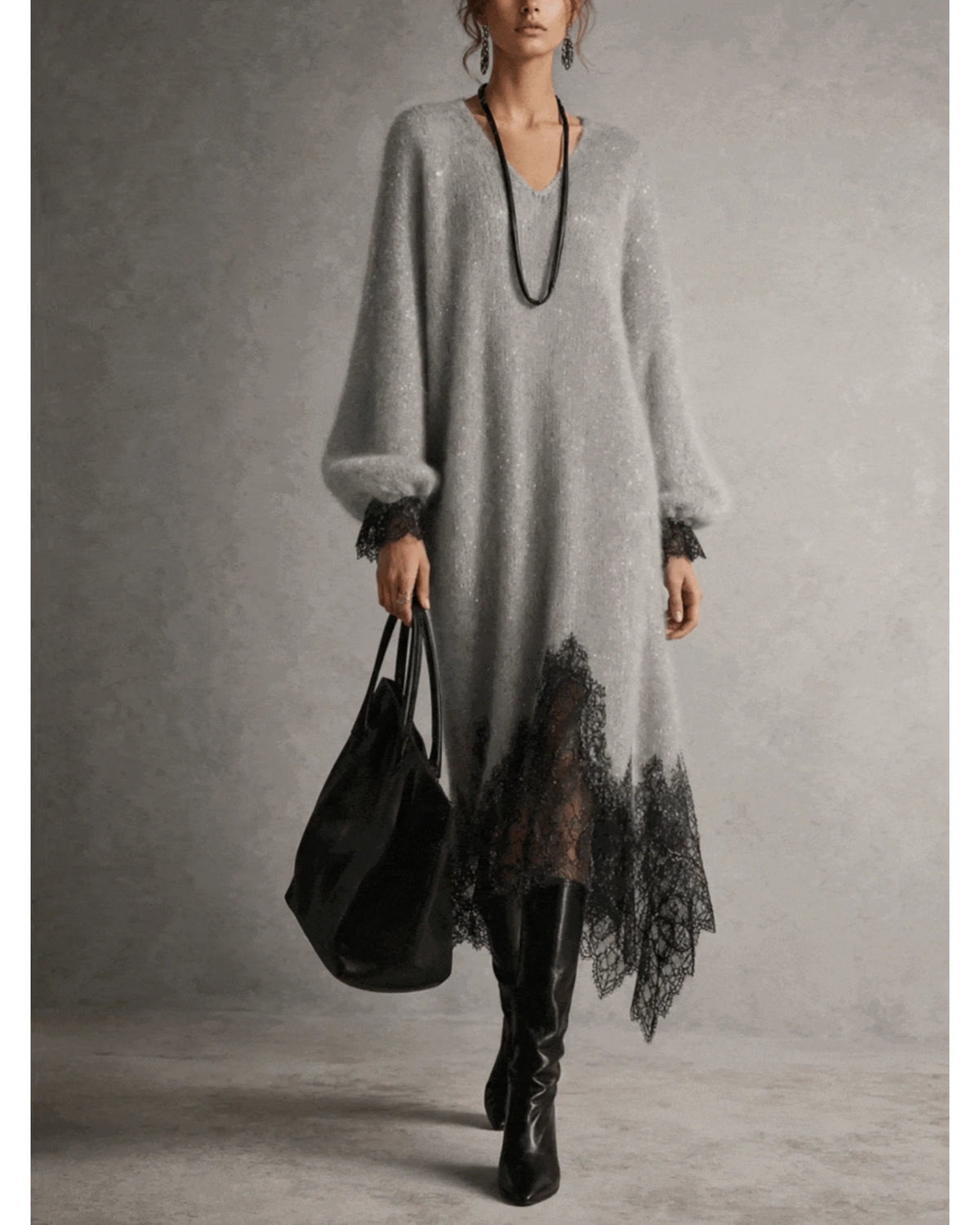 Lifestyle Vestido midi de punto con bajo de encaje