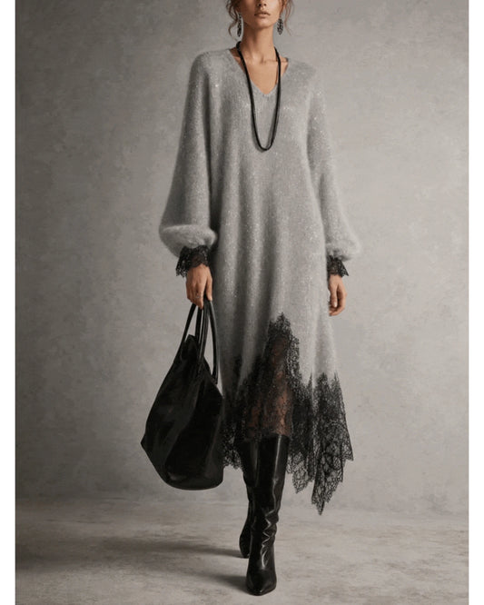 Lifestyle Vestido midi de punto con bajo de encaje