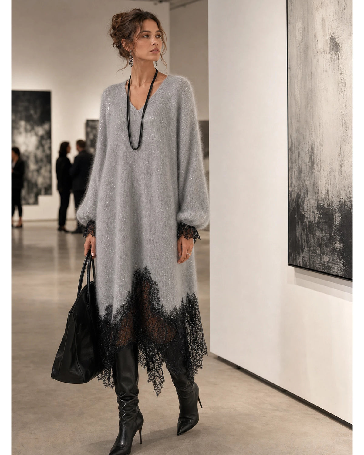 Lifestyle Vestido midi de punto con bajo de encaje
