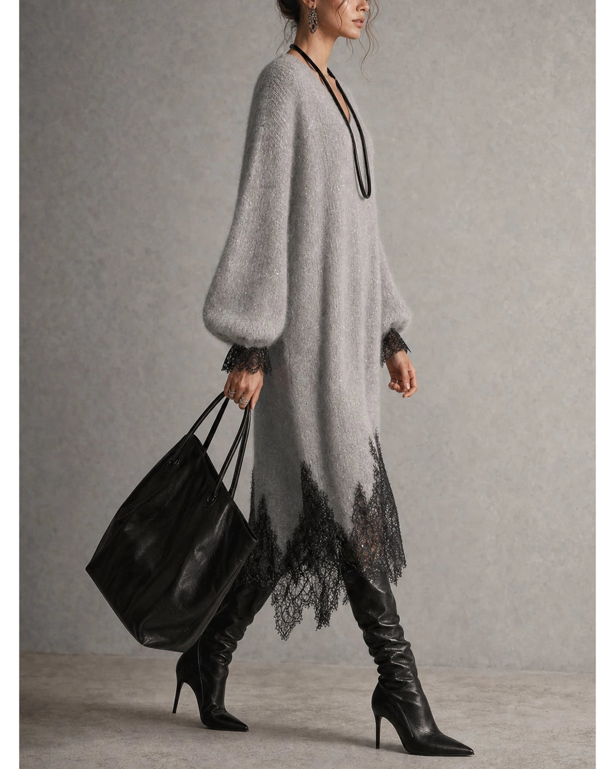 Lifestyle Vestido midi de punto con bajo de encaje