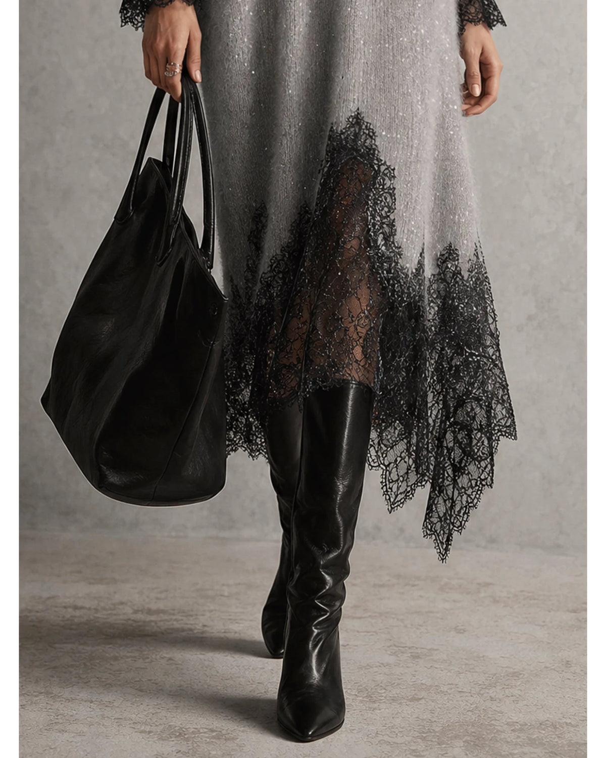 Lifestyle Vestido midi de punto con bajo de encaje