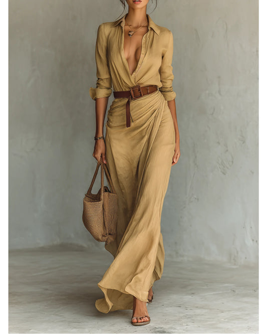 Lifestyle Vestido largo fluido con cuello vuelto