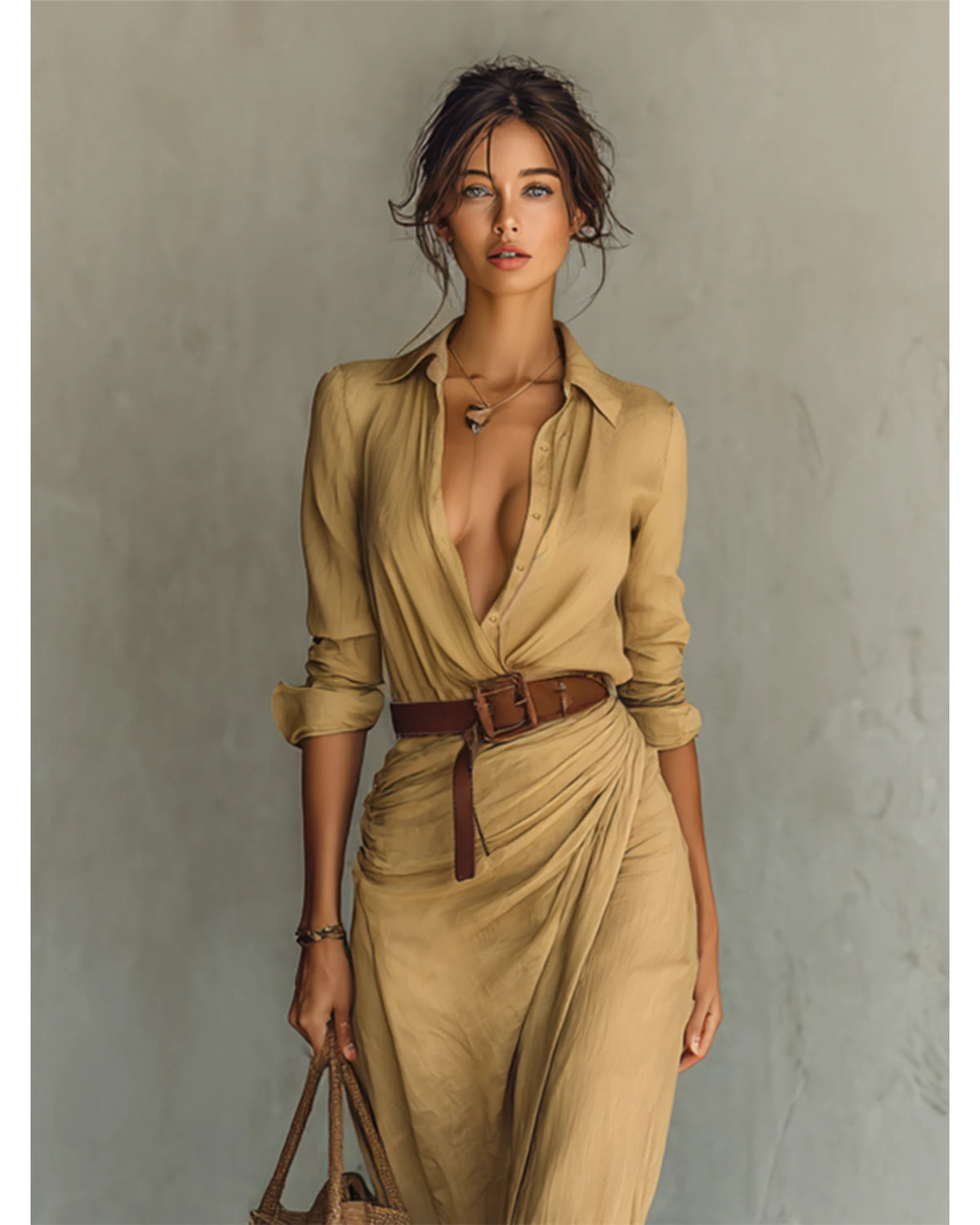 Lifestyle Vestido largo fluido con cuello vuelto