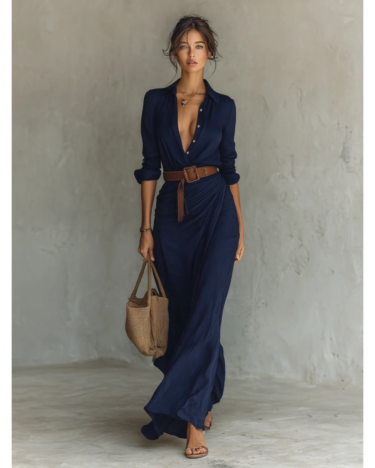 Lifestyle Vestido largo fluido con cuello vuelto