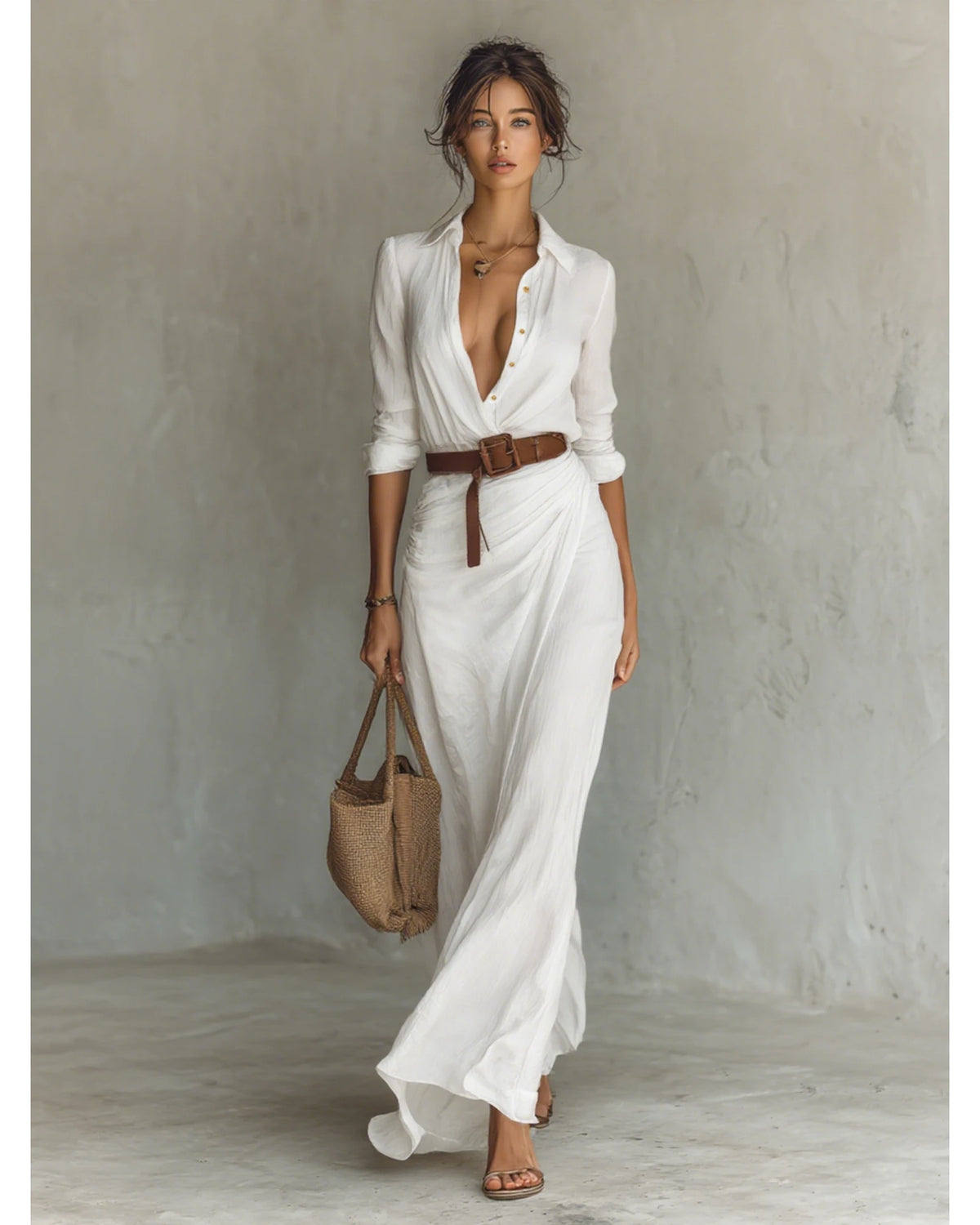 Lifestyle Vestido largo fluido con cuello vuelto